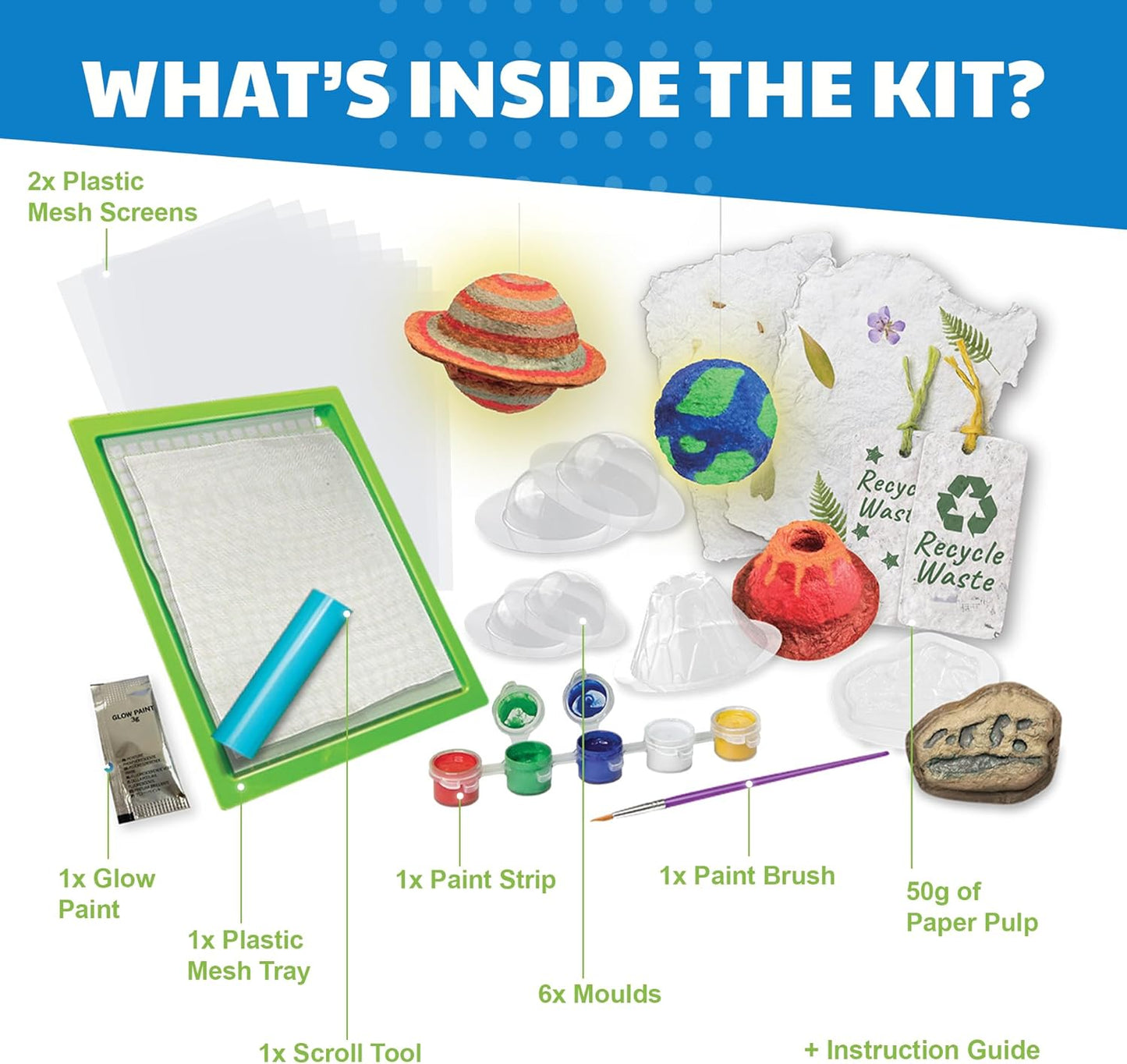 Earth Day Green Science - Paper Making Kit - Recycle and Create Your Own - Paper Making Screen - Green DIY Craft Stem Toys Kit for Kids - Includes Molds, Paints, and Glow-in-the-Dark Features