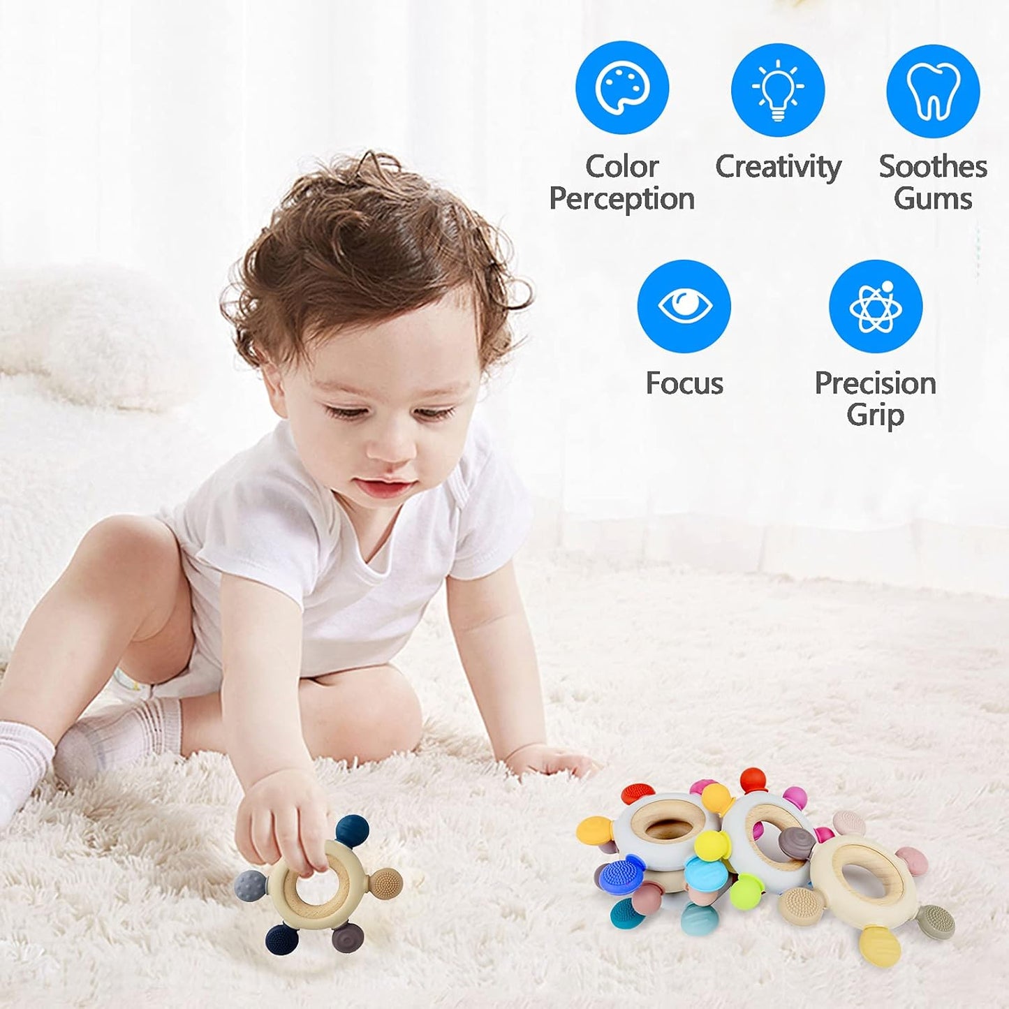 Baby Teething Toys Teething Rings Silicone Teethers for Babies 6-12 Months Baby Rattles & Plush Rings Sensory Toys for Soothing Sore Gums for Newborn Infant Essentials (Animals)
