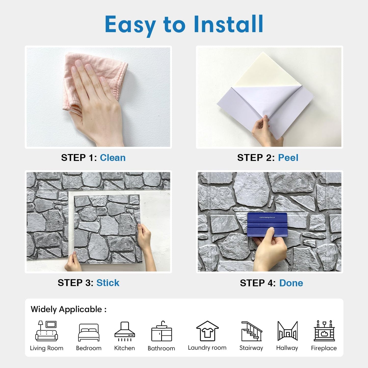 COMSTICKC 3D Faux Gray Stone Wall Sticker Peel and Stick Wall Panels,10 Pcs of 12"X12",Ultra-Light Thin PVC Decorative Tiles Rocks Stone Backsplash Interior Decor,Paintable