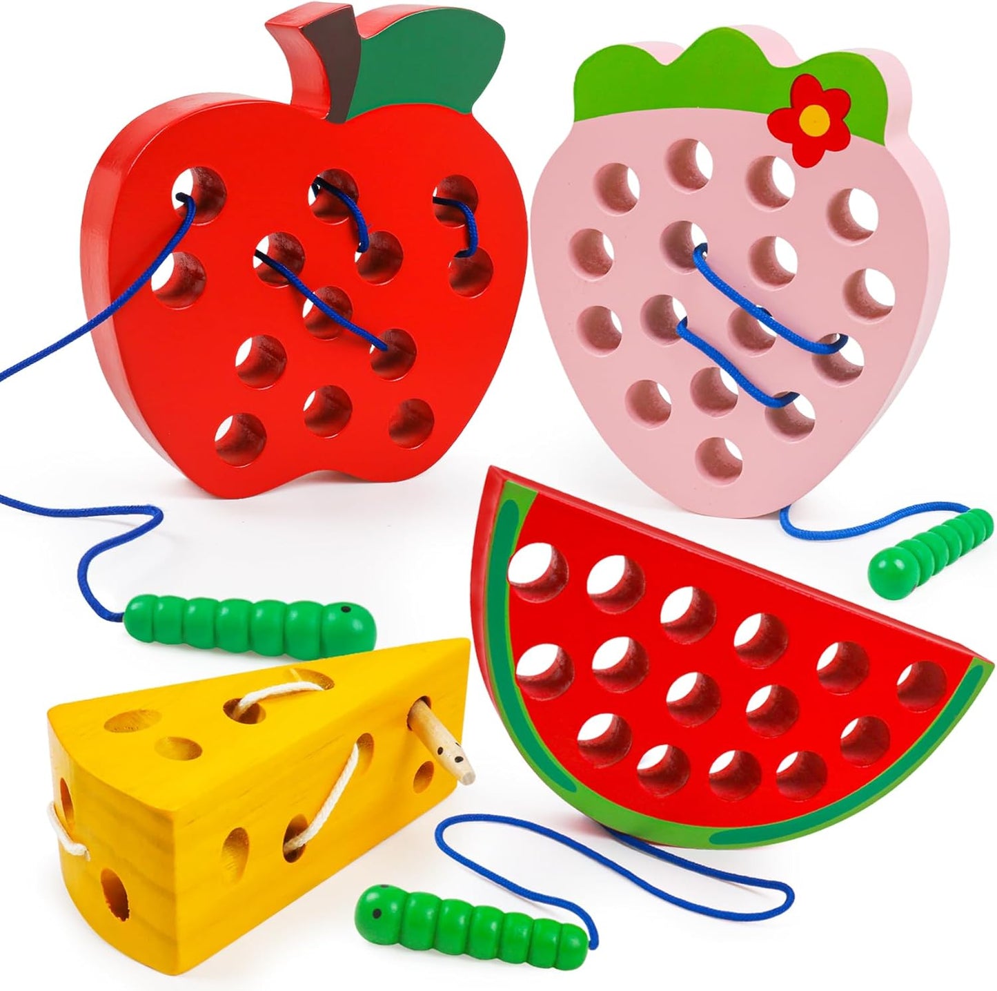 Lacing Toys for Toddlers,Wooden Threading Apple Baby Travel Toys,Montessori Education Sensory Learning Fine Motor Skills, Wooden Block Puzzle Gifts for 3 Year Old Baby Kids Boys Girls