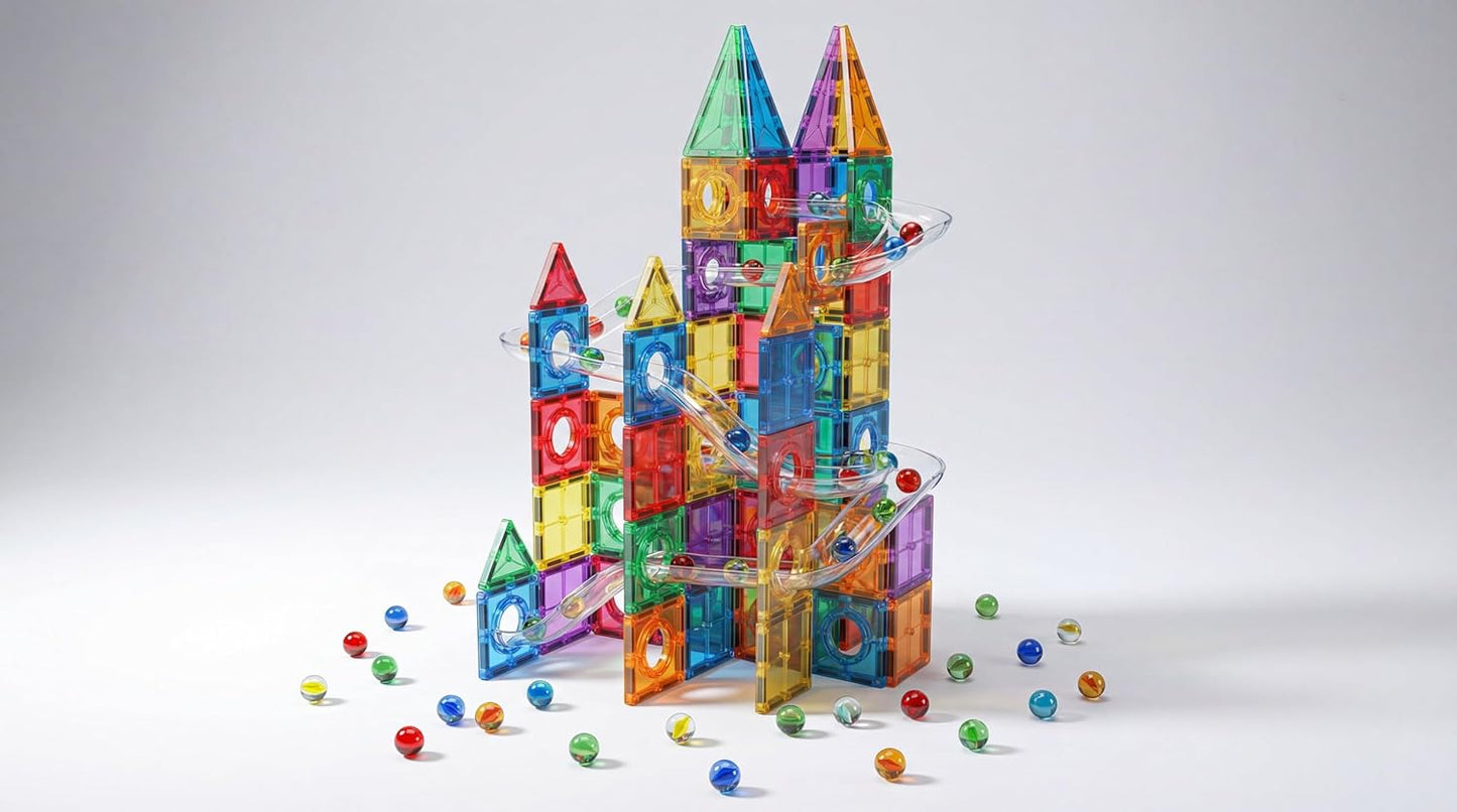 Magnetic Building Tiles Marble Run Set, 115 Pieces STEAM Construction Blocks with Marble Run Track, Educational STEM Toy for Kids Ages 3+, Rainbow Colors
