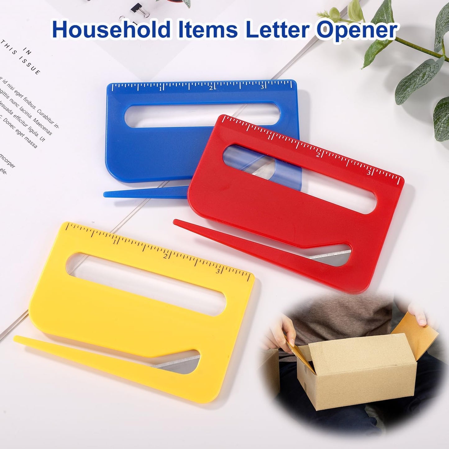 Lyreh 3pcs Magnetic Letter Openers, 3 Colors Envelope Opener Slitter Mail Cutter Tool with Scale and Magnifier with Transparent Storage Case for Women Package Home Office Supplies(Red, Yellow, Blue)