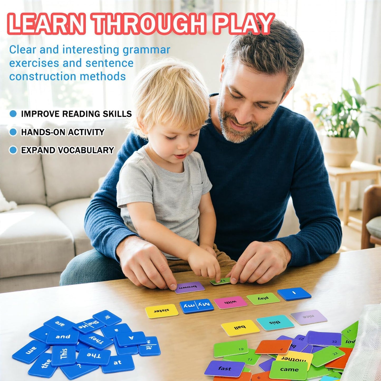 Sentence Building Game for Kids Ages 5-8 – 120+ Color-Coded Word Tiles, 20 Sentence Builder Tiles | Educational Learning Toys, Reading & Grammar Activity | Gifts for Boys and Girls