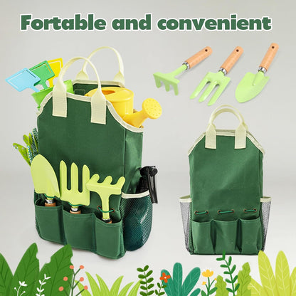 JOI MEW Kids Gardening Tools Set, Garden Toys w/Wooden Handle Alloy Rake,Fork,Trowel, Watering Can,Gloves,Tote Bag,Plant pots, DIY Bookmark Kits, Spring Summer Toy Outdoor Gift for Toddler Boy Girl