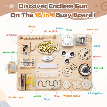 Montessori Large Busy Board for 1 2 3 4,Wooden Sensory Activity Toys,Fine Motor Skills & Early Learning for Toddler Baby Boys Girls Gifts for ADHD & Autistic Kids Children