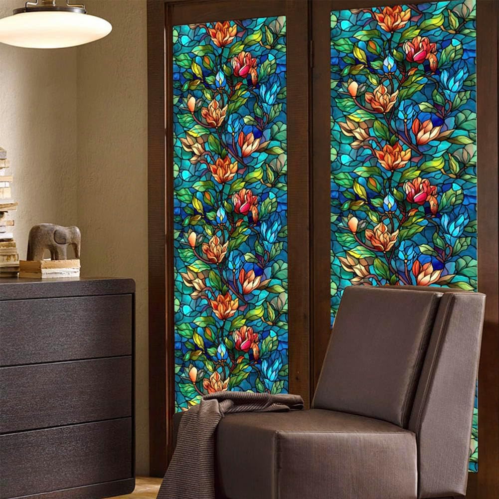 JOONOR Privacy Window Film Stained Glass Window Sticker Non-Adhesive Frosted Glass Film Decorative Magnolia Flower Pattern Static Cling Decals for Home UV Blocking/Heat Insulation 17.7 x 39.4 Inch