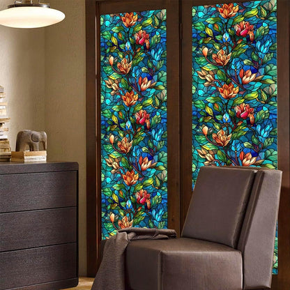 JOONOR Privacy Window Film Stained Glass Window Sticker Non-Adhesive Frosted Glass Film Decorative Magnolia Flower Pattern Static Cling Decals for Home UV Blocking/Heat Insulation 17.7 x 39.4 Inch