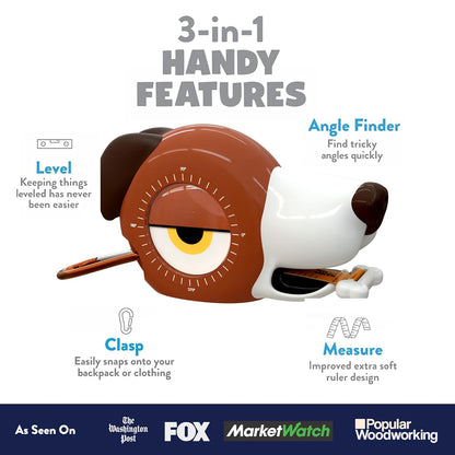 Handy Famm Roscoe the Dog 4-in-1 Kids Tape Measure with Adjustable Level Eye, Angle Finder & Eraser Ears – Montessori STEM Educational Toy for Children Ages 3+, Real Measuring Tool for Learning