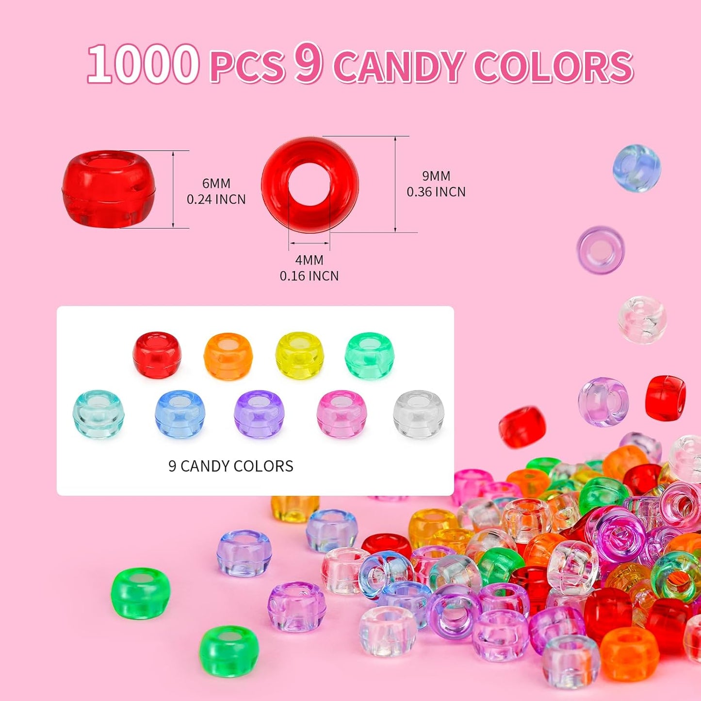 1000+pcs Glitter Pony Beads Bulk, Acrylic 9mm Large Plastic Bead for Bracelets Big Hole Hair Braids Crafts DIY Projects