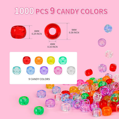 1000+pcs Glitter Pony Beads Bulk, Acrylic 9mm Large Plastic Bead for Bracelets Big Hole Hair Braids Crafts DIY Projects