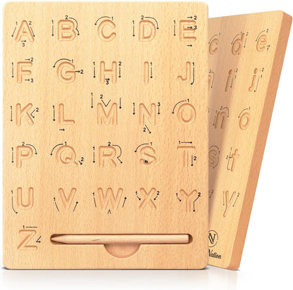 Double-Sided Wooden Alphabet Tracing Board, Premium Natural Wood, Uppercase & Lowercase Letters (19.5x16x1.45cm Bear)