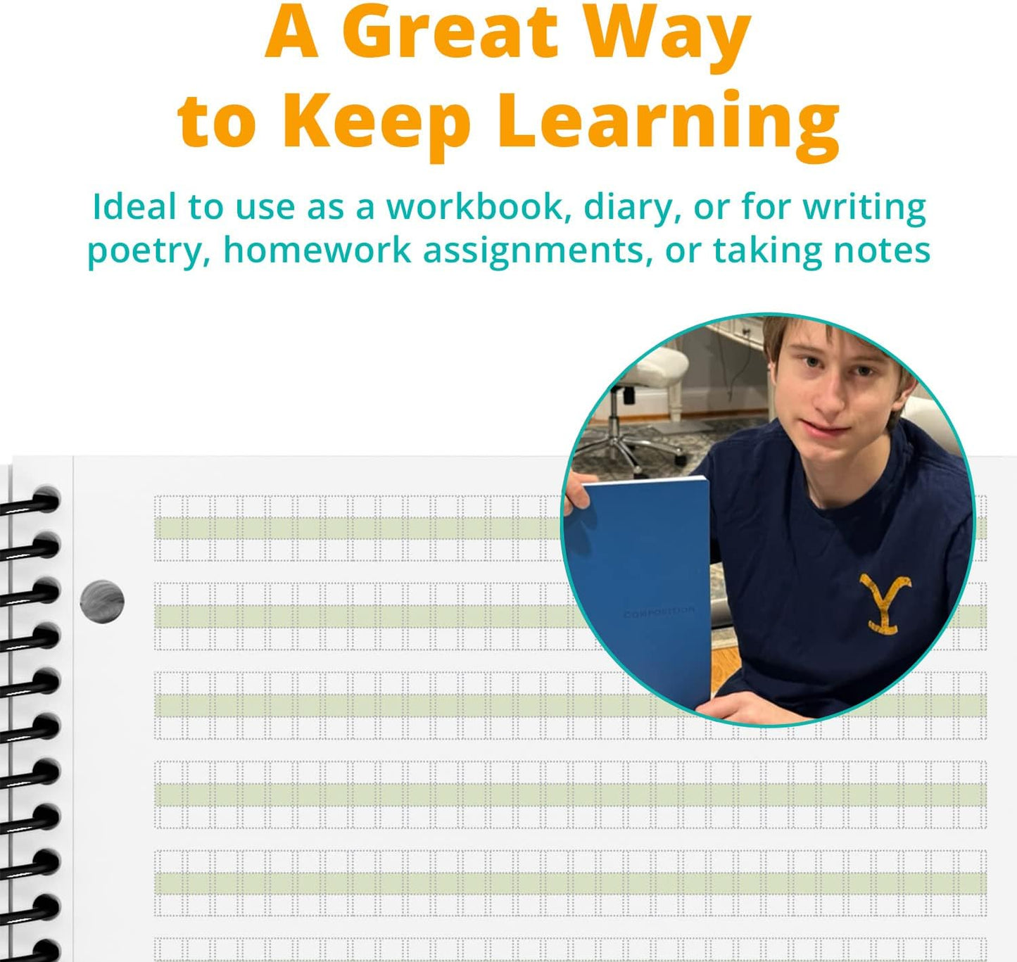 Channie’s Handwriting Improvement Spiral Notebook, Stylish Visual Writing & Printing Aid for Elementary School Students and Special Needs Kids & Teens, 120 Pages, Thick Paper, Size 10.5" x 9.5"