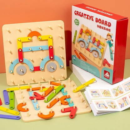 Montessori Toys for 3 4 5 Year Old Kids and Toddlers, Mathematical Education Toy to Create Figures and Geometric Shapes, Brain Teaser STEM Toy Geo Board