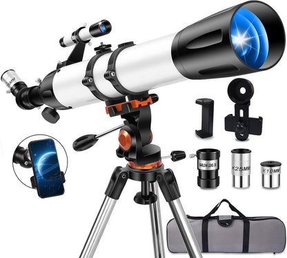 Telescope for Adults High Powered 90mm Aperture 800mm (32X-240X), Refractor Telescopes for Astronomy Beginners with AZ Mount Tripod, Phone Adapter, Carry Bag (80090white)