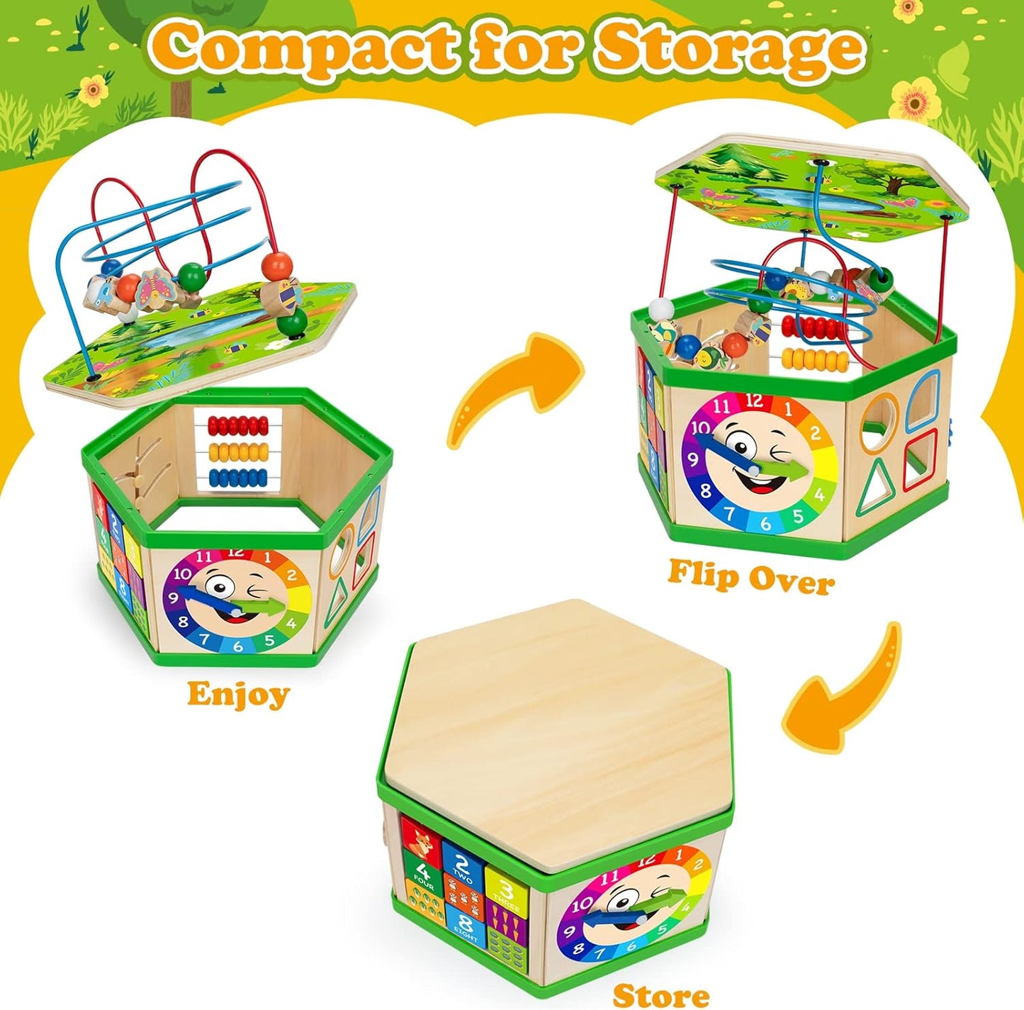 Wooden Activity Cube for 1 Year old, 12-18 Month Boys & Girls, 7-in-1 STEM Montessori Early Developmental Learning Toys for Kids Aged 1-2, Ideal 1st Birthday Gift Toys for Baby, Toddlers (Green)
