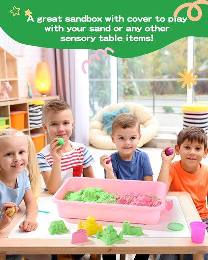 Sensory Bin Sand Tray with Lid for Toddlers 2 Pcs 15in Portable Sandbox Toy Large Plastic Tray for Kids 3 4 5 6 Fill with Sand, Water, Beads, and More (Green+Blue)