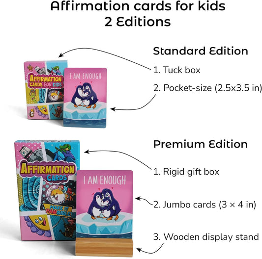 45 Affirmation Cards for Kids - Premium Edition – 3x4 in – incl. Wooden Stand – Conversation Notes for Children and Toddlers – Mindfulness, Social Skills, CBT Therapy – Lunch, School Counselors, Teachers, Parents