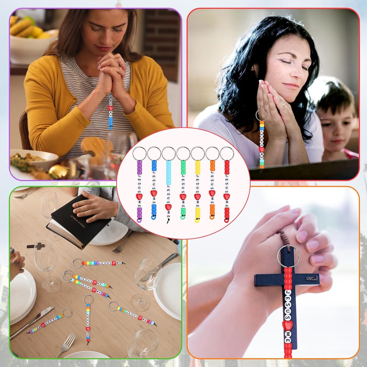 Halloscume 36 Sets First Holy Communion Christian Keychain Making Kit Craft Jesus Loves Me DIY Religious Bible Verse Beads Keychains Inspirational Key Ring Gifts for Church Party Favor Jesus