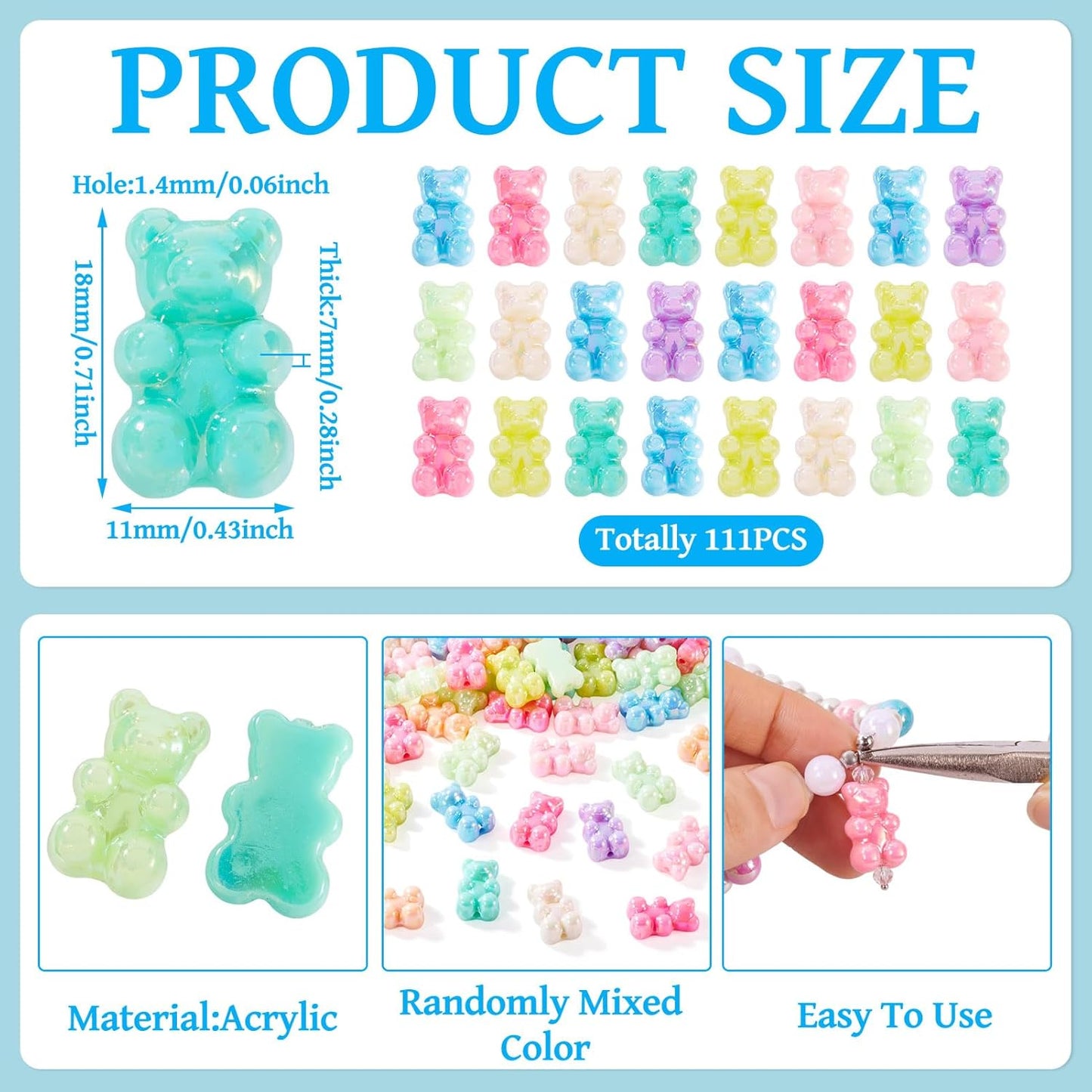 Kissitty 100Pcs Clear Acrylic Bear Beads Cute Bears Loose Beads Bulk Transparent Gummy Bear Spacer Bead Counting Bears for Bracelet Adults Necklace Earring Crafts Bag Key Chain DIY Jewelry Making