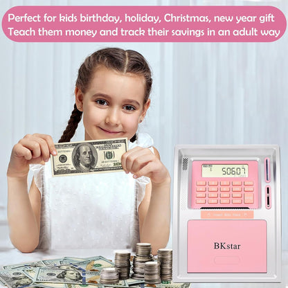 BKstar Kids Talking ATM Piggy Bank for Real Money with Dual Debit Cards, Power-Off Memory, Auto-Opening Drawer, Onekey Shutdown, Bill Feeder, Coin Recognition, Balance Calculator Machine
