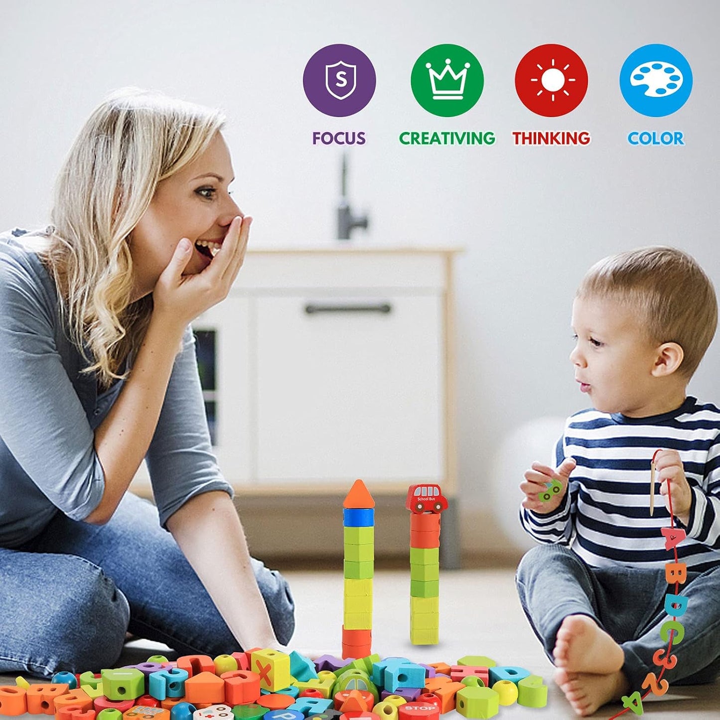 BMTOYS Montessori Educational Threading Toys Wooden Stringing Farm Animals Fruits Lacing Beads Preschool Toy for Toddler 3 4 5 Year Old Boys Girls
