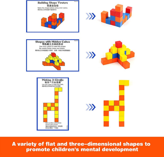 YHZAN Wooden Cube Building Blocks for Kids with Challenge Cards Shape Puzzle Math Material Assorted Colors for Preschool Classroom Supplies for Teachers Elementary Stem Toy
