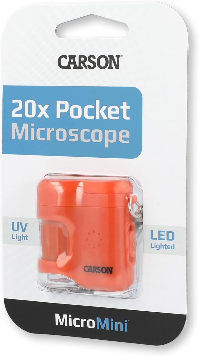 Carson MicroMini 20x Lighted Compact Pocket Microscope, UV and LED Flashlight, Orange (MM-280O)