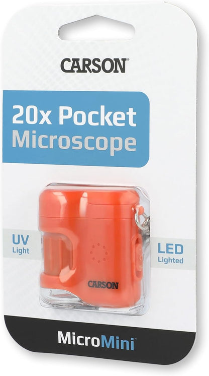 Carson MicroMini 20x Lighted Compact Pocket Microscope, UV and LED Flashlight, Orange (MM-280O)