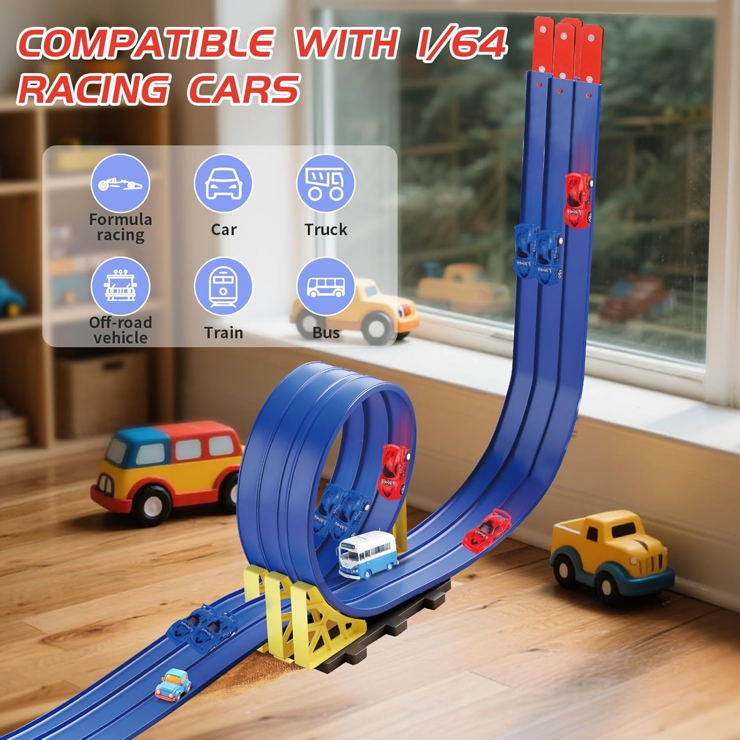 16.5ft Build Anywhere Portable Race Track with Suction Cups - Flexible Roll-Up Design Fits 1/64 Scale Cars, Portable Toy Gift for Kids 4+ Year Old (3 Tracks/Red)