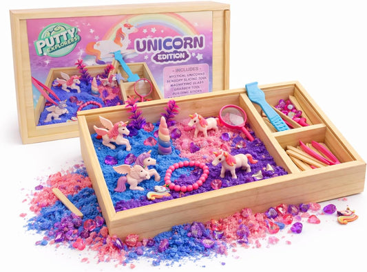 DIY jr Unicorn Sensory Kit for Kids – Montessori Sensory Bin with Moldable Sand, Unicorn Toys, Wooden Play Box, STEM Fine Motor Toy for Girls Ages 3-7, Unicorn Gift Set with Gems, Wand & Tools