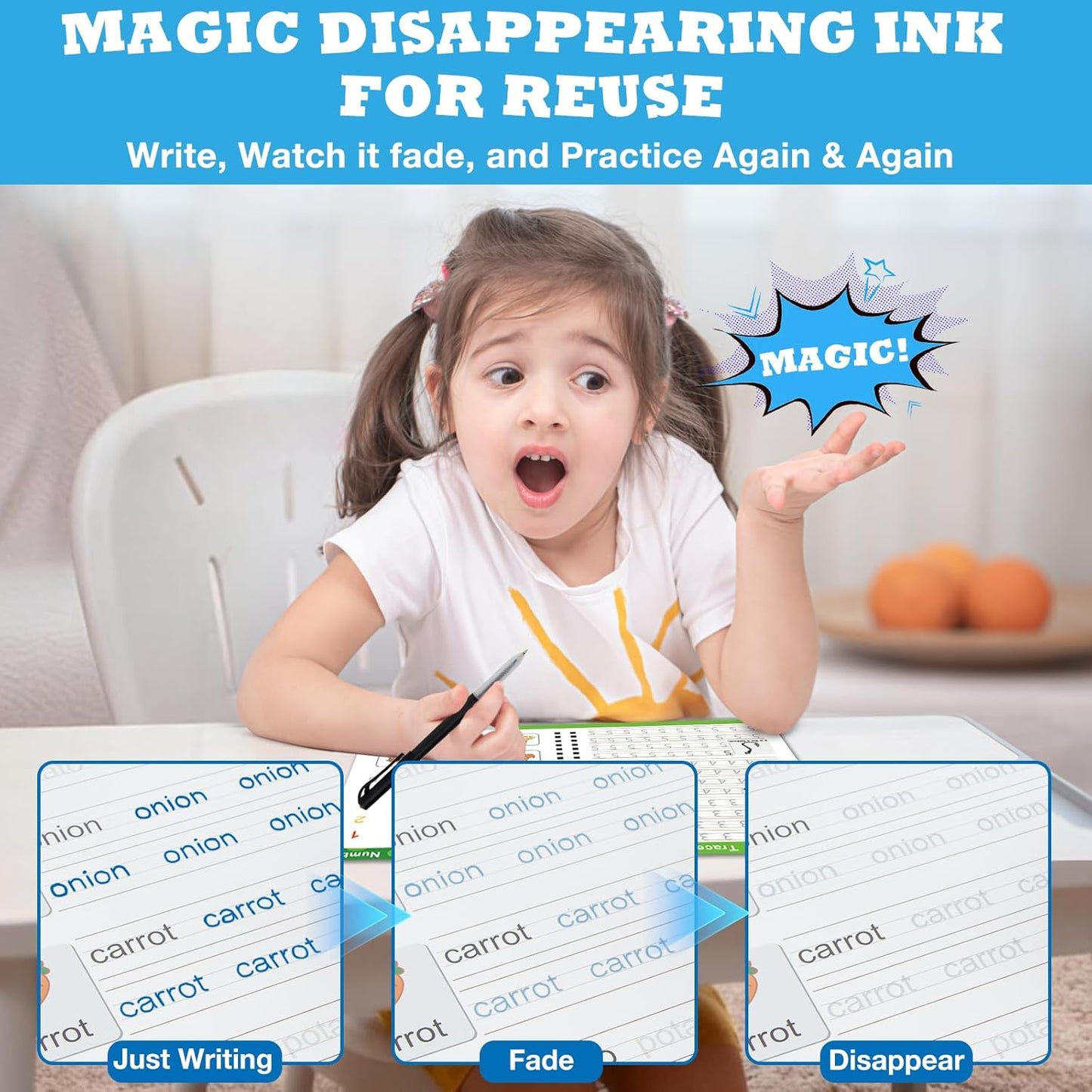 Magic Grooved Writing Practice Book for Kids Ages 3–8, 6 Reusable Handwriting Practice Books with 6 Pens, 12 Refills, 3 Soft Grips, Preschool Learning Activities Gifts for Boys and Girls