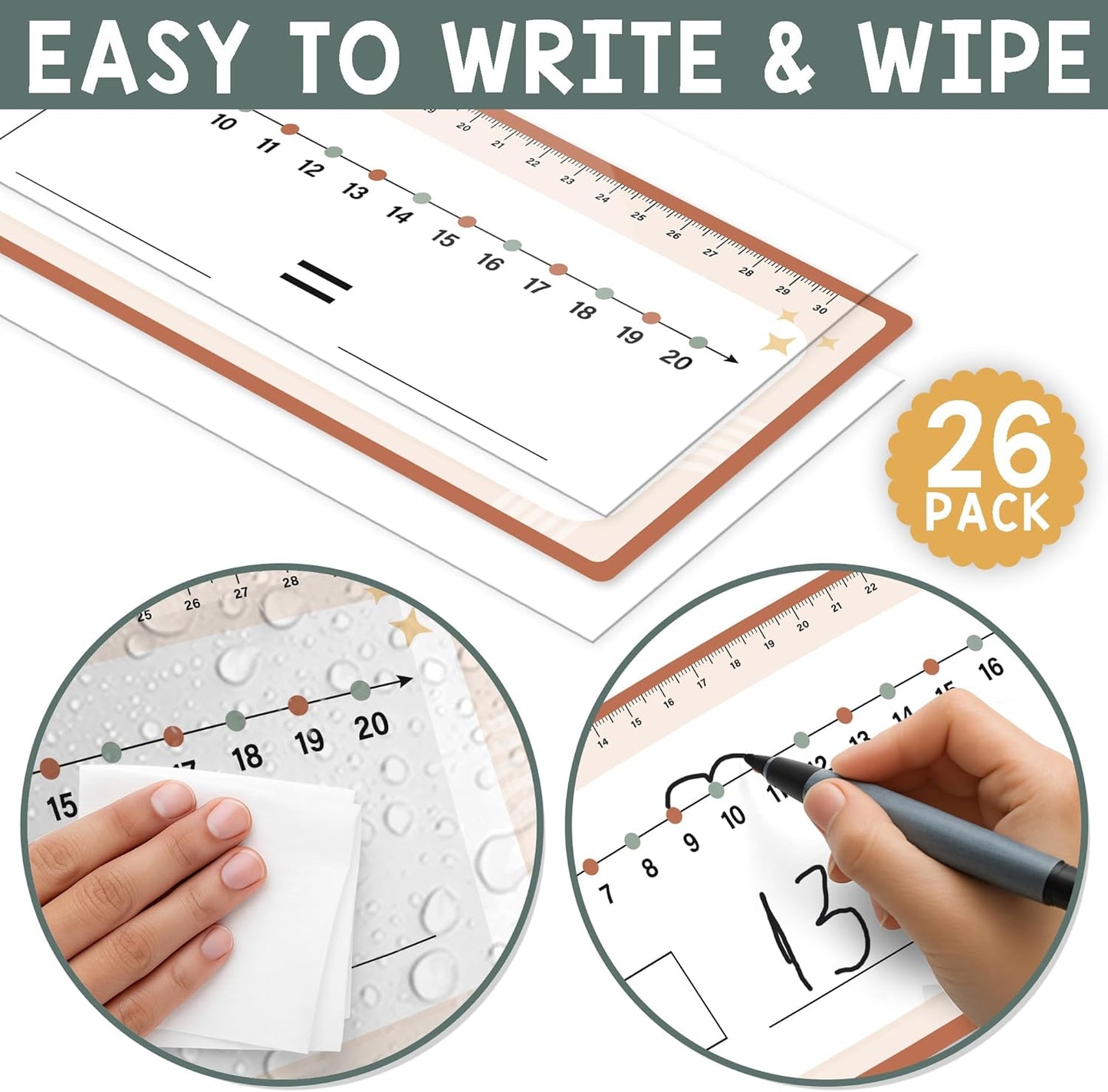 26 Pack Boho Number Line Dry Erase Boards Cards, 14"x4", Double-Sided, 0-10 on One Side & 0-20 on Other Side, Math Manipulatives for Student, Education Classroom Must Haves