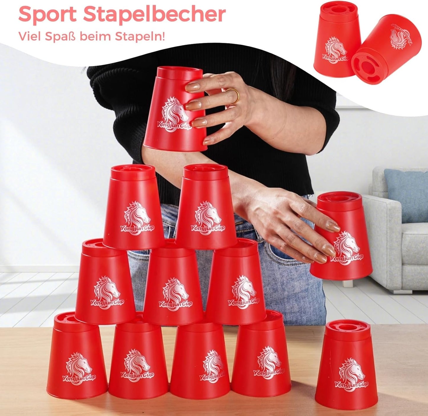 yeesport 48 PCS Sport Stacking Cups with Horse Pattern, Sport Training Game for Challenge Competition, Plastic Stacking Cups, Classic Family Game for Youth and Adults, Red+Blue+Green+Yellow