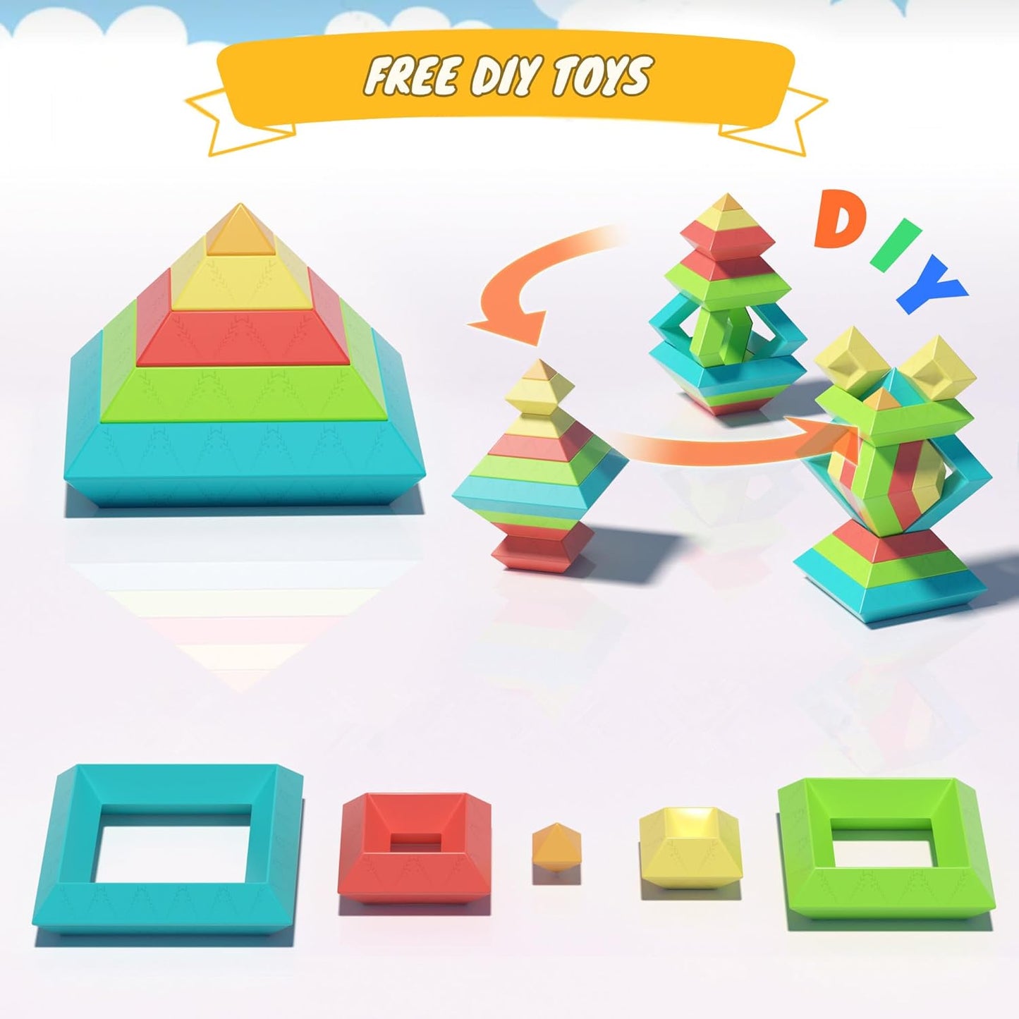 100Pcs Montessori Toys for Ages 1-3 2-5 Toddlers Kids Baby,Pyramid Stacking Building Toys,3D Preschool Learning Blocks for Kids,STEM Sensory Toy Gifts for 2-4 Year Old Boy Girl,Big Plastic Storage Box