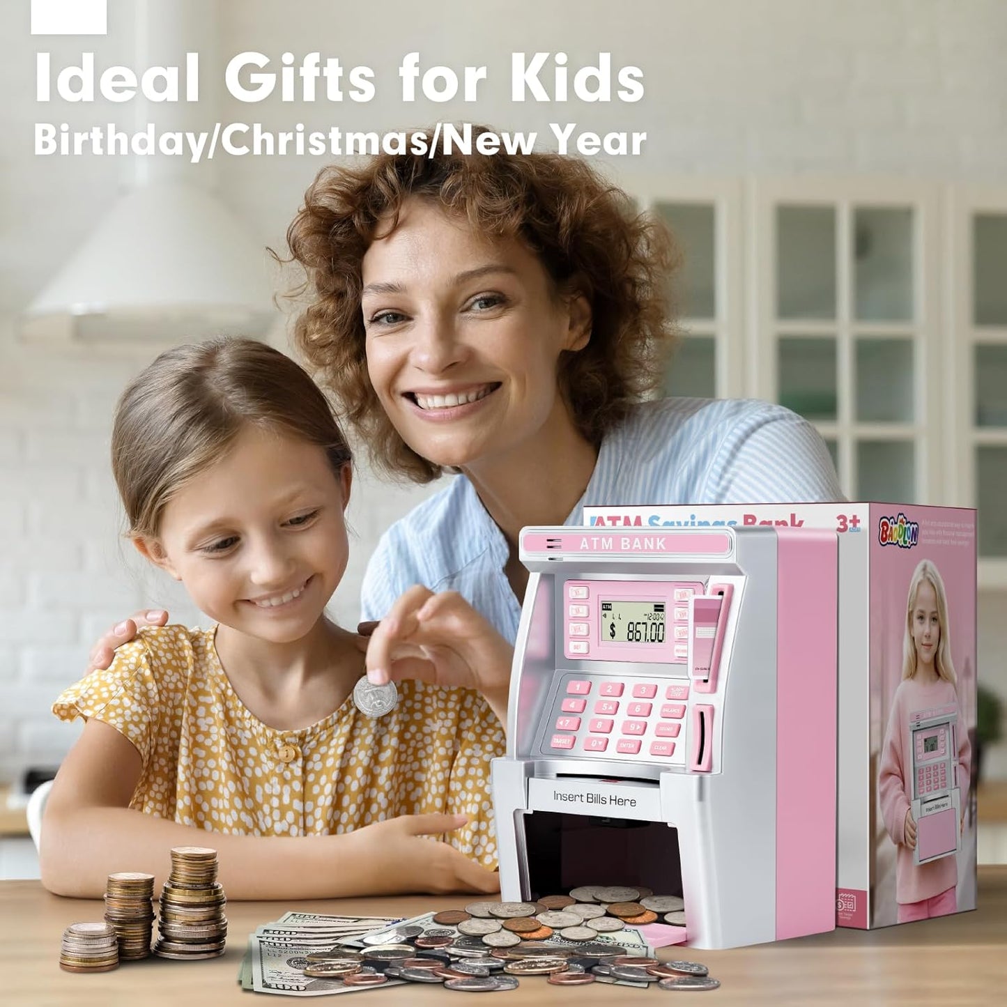 BAODLON Piggy Bank for Kids, ATM Machine Bank for Real Money with Debit Card, Bill Feeder, Coin Recognition, Balance Calculator, Electronic Savings Safe Box, Cool Stuff Toys Gifts for Teen Boys Girls