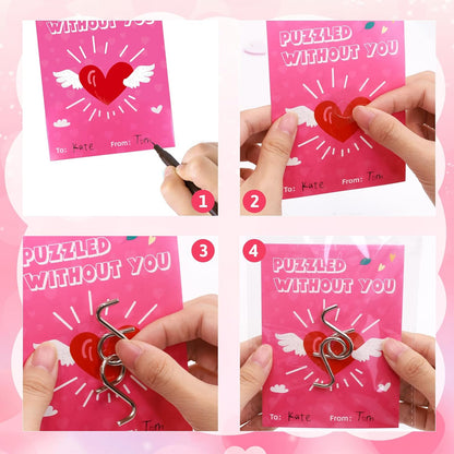 Fancy Land 24 Pack Valentines Gifts for Kids Classroom Metal Puzzles Brain Teasers Kids Valentines Day Cards for School Exchange Gifts Party Favors