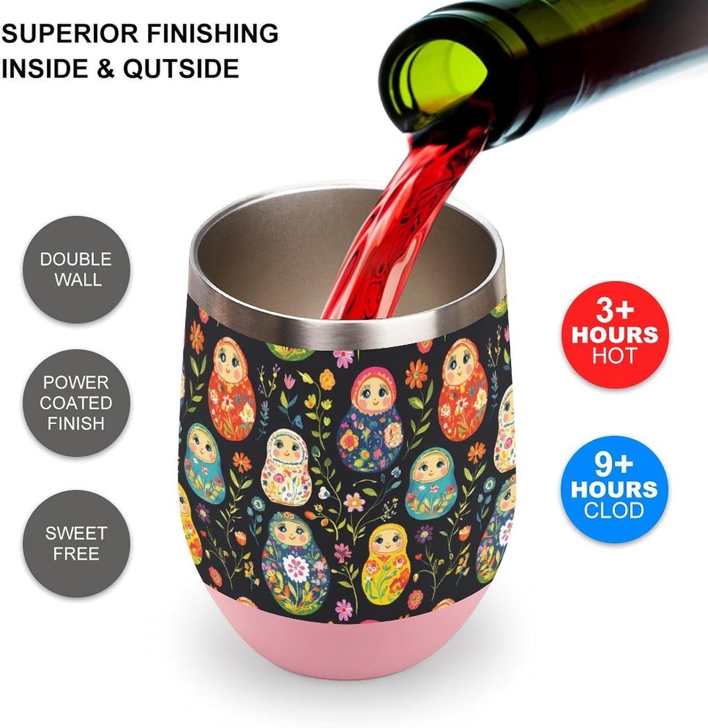 Russian Nesting Dolls Flowers Insulated Cups & Mugs 12 Oz Double-Wall Coffee Cup with Lids Drinks Tumbler for Women Men