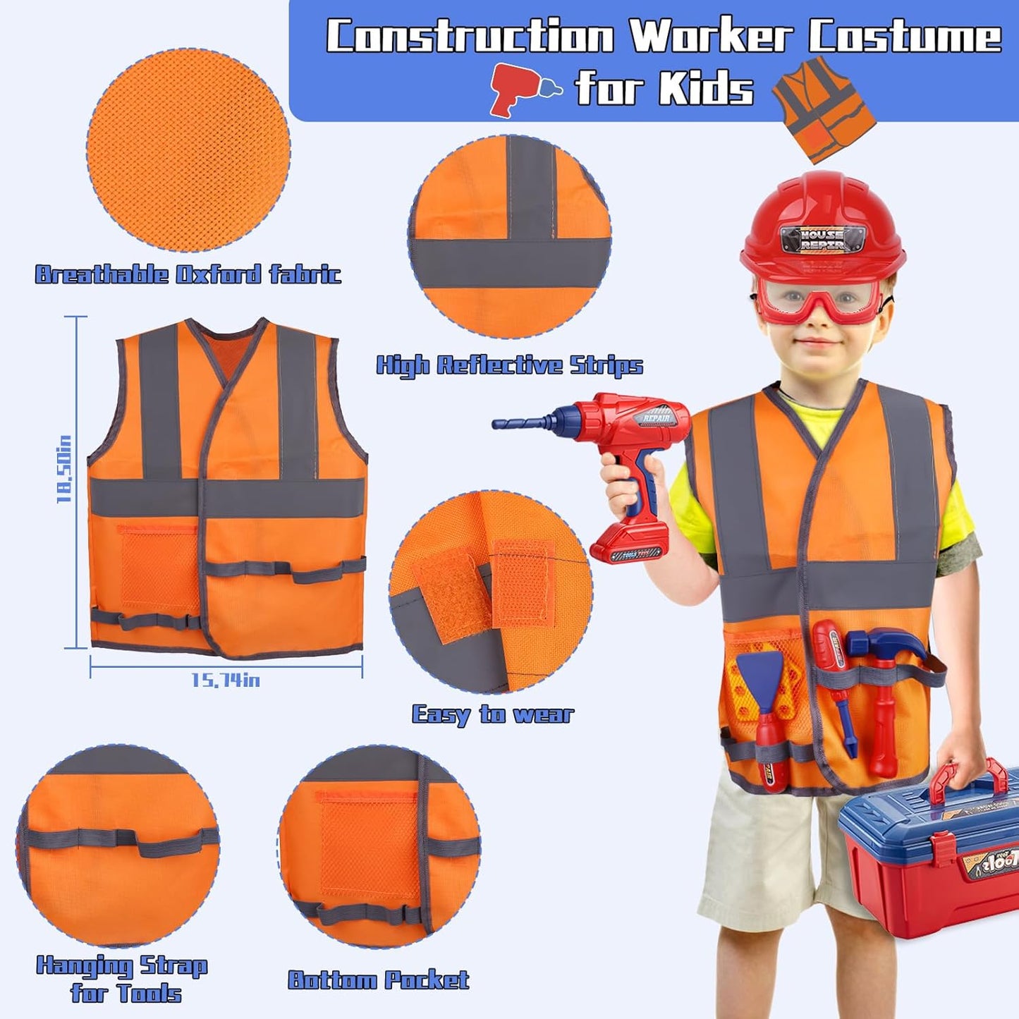 Kids Tool Set,MAGIC4U Toddler Tool Set with Tool Bag,11 Tools Equipements,Pretend Play Construction Kits for Kids Age 3-6 Years Old,Toddler Boy Toys