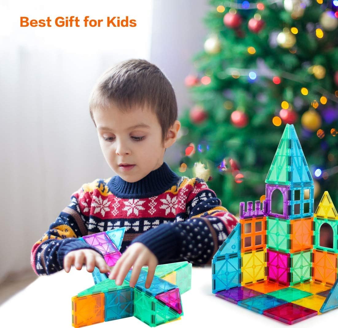 Magnetic Tiles, 96PCS Magnetic Block Toddler Toys with 2 Cars, 3D Clear Magnet Building Tiles Set, STEM Educational Toys for Kids 3-9 Years