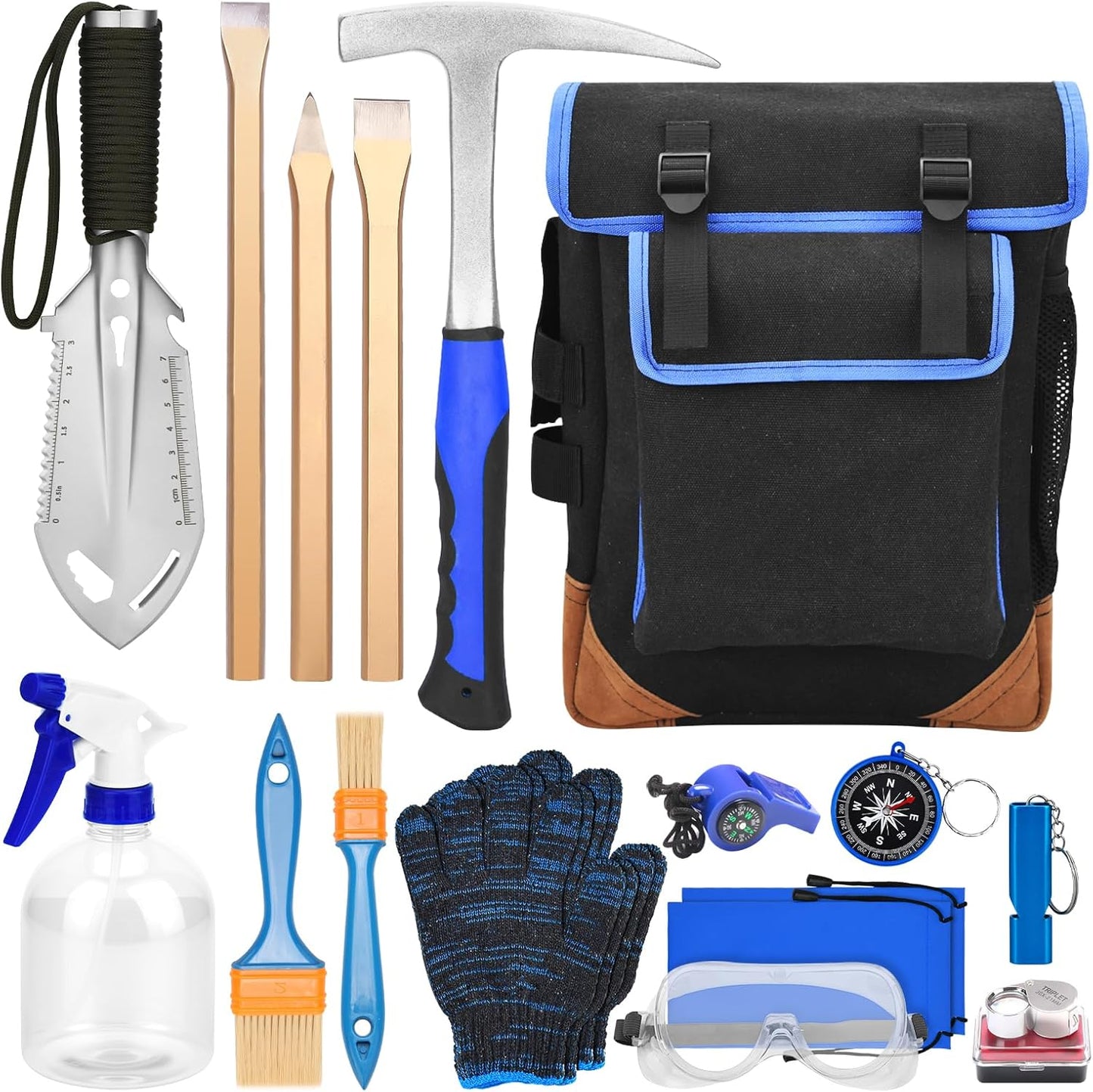 19 PCS Geology Rock Hammer Kit, 24oz Rock Pick Hammer, 3 Digging Chisels, Folding Shovel, Rock Hounding Tools with Brushes, Pocket Knife, Tweezers, Loupe, Goggles,Whistle, Shoulder Bag