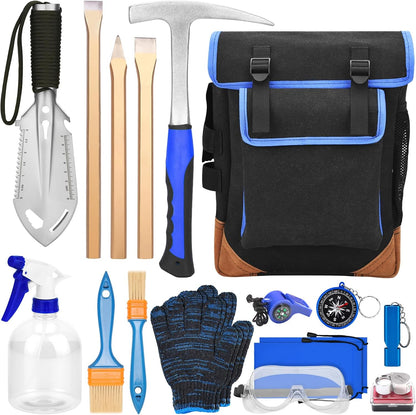 19 PCS Geology Rock Hammer Kit, 24oz Rock Pick Hammer, 3 Digging Chisels, Folding Shovel, Rock Hounding Tools with Brushes, Pocket Knife, Tweezers, Loupe, Goggles,Whistle, Shoulder Bag