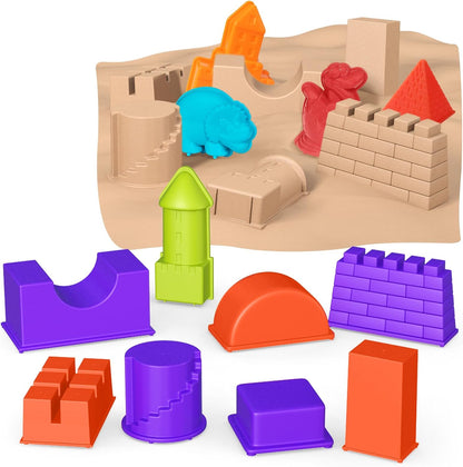 50 Ps Deluxe Sand Molds Tools Set, Sandbox Toddlers Toys, Beach Sand Castle Building, Indoor Outdoor Sensory Kids Play - Safari Animals, Mini Castles, Geometric Shapes Compatible with Any Molding