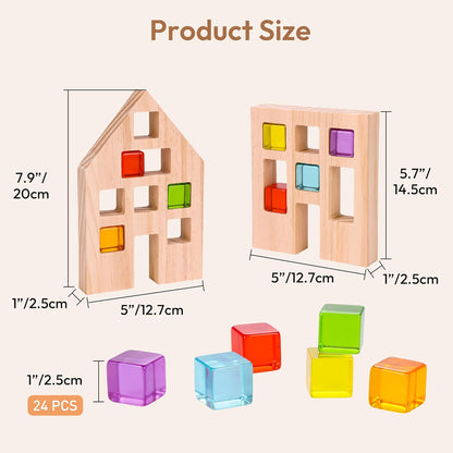 Woodtoe Wooden Building Blocks Set for Kids, 36 PCS Rainbow Acrylic Gem Blocks - 3 Wood House, Montessori Stacking Toy for Toddlers, Educational STEM Birthday Creative Toy Gift for Boys Girls 3-6