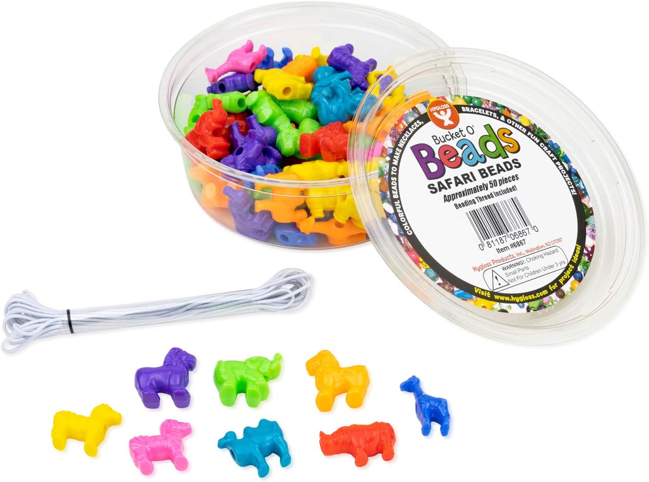 Hygloss Animal Shaped Beads 50 Pcs Plastic Zoo Safari Animal Pony Bead Charms - Colorful Craft Beads - for Kids DIY Craft Jewelry Making Necklace Bracelet Supplies, Resealable Container
