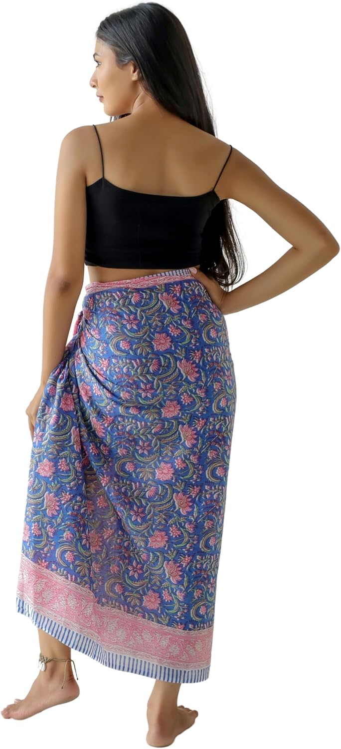 100% Cotton Sarong Cover Up for Women Indian Block Print Beach Wrap Skirt Long Boho Swimsuit Bikini Pareo (73” x 43”)