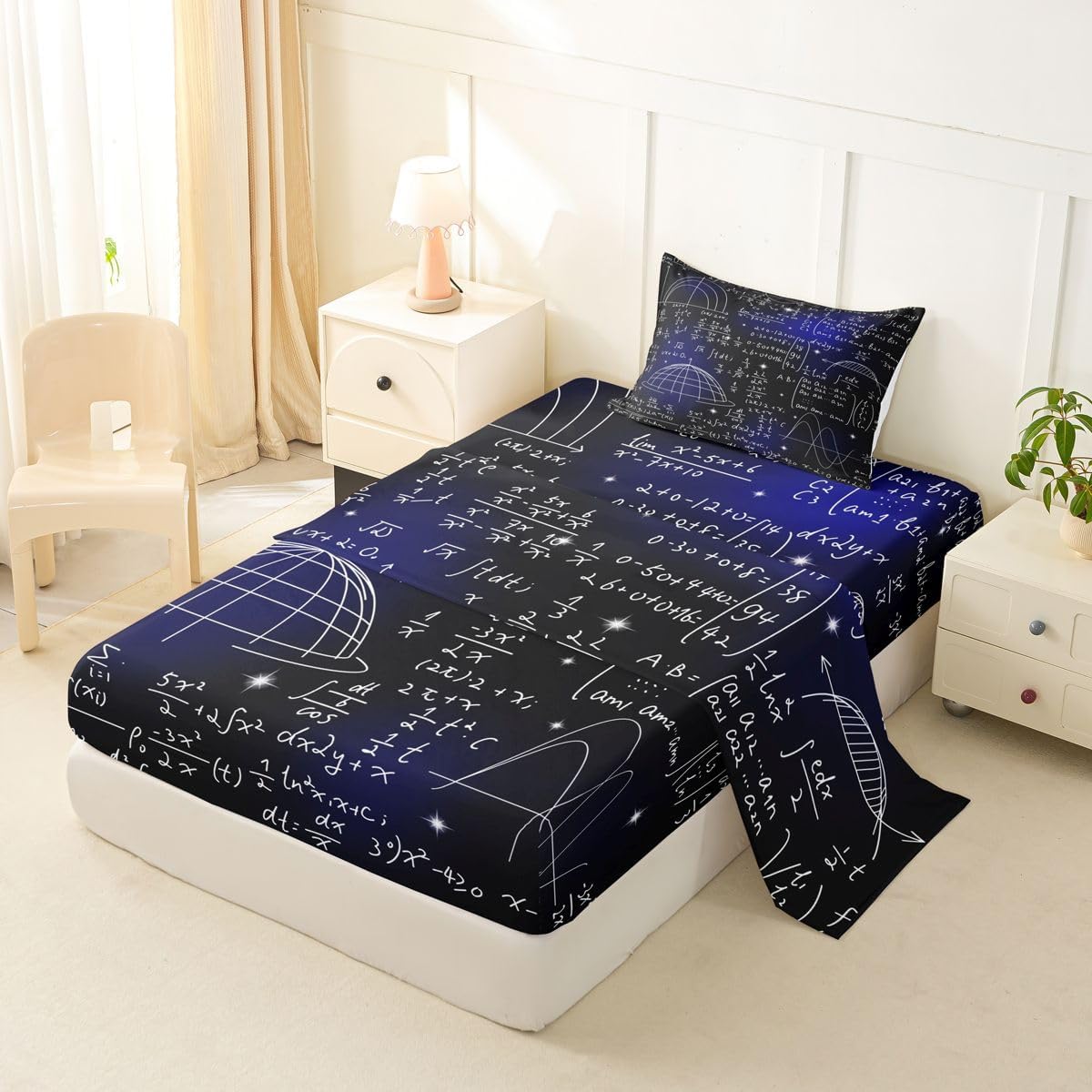 Erosebridal Science Theme Bed Sheets Set Full Size for Boys Girls Chemistry Periodic Table Print Sheet Set Chemical Subject Theme Sheets Teens Kids Math Science Atyle Fitted Sheet 4 Pcs