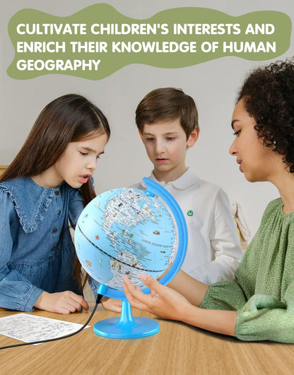 Globe for Kids Illuminated Globes of the World with Stand & Animals Illustrations Earth World Globe Night Light for Kids' Room Decor Classroom Educational Tool Birthday Gift, Dia 8-inch