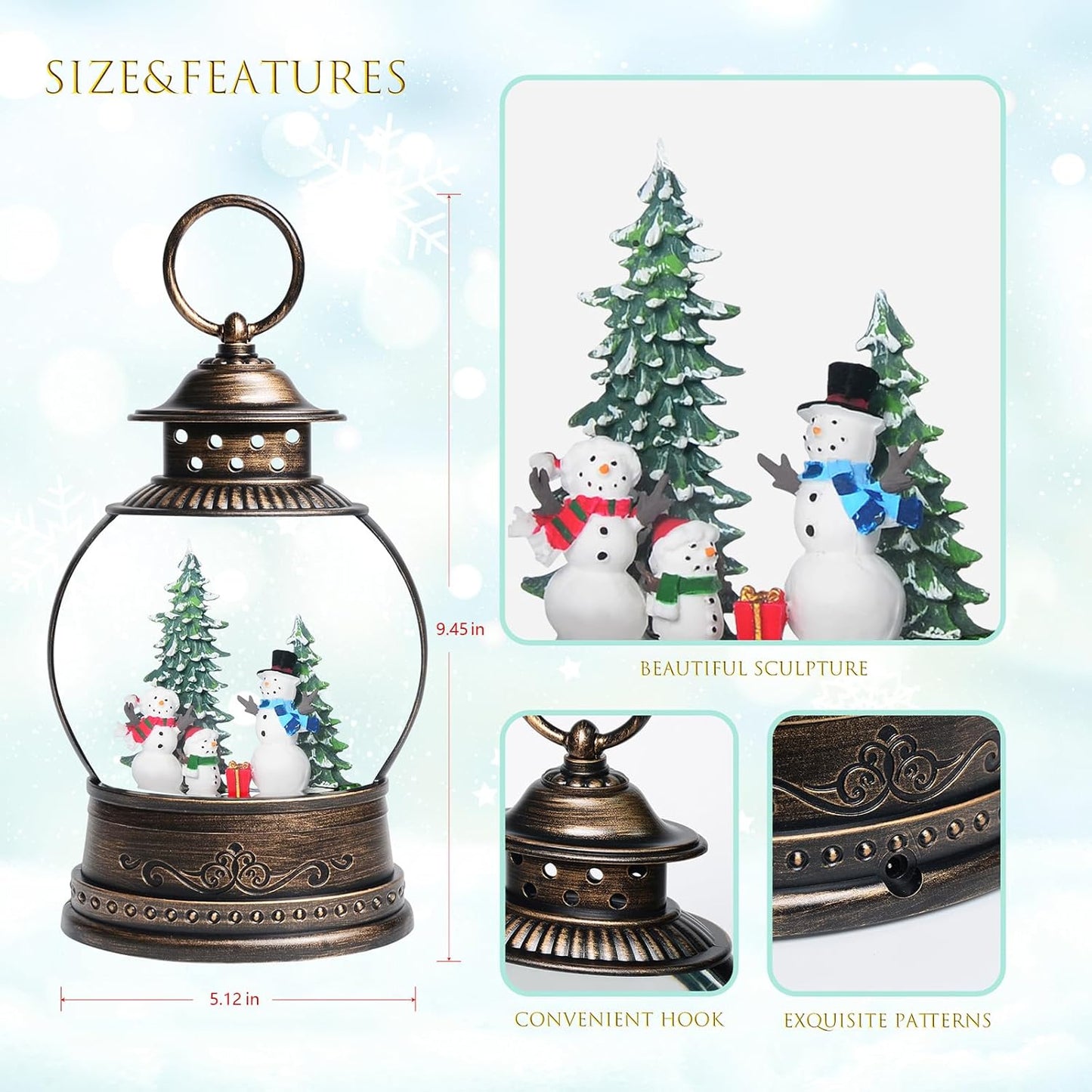Christmas Snow Globes Lantern, Church and Christmas Tree Christmas Decorations Indoor, 6H Timer Battery & USB Powered Light Up Musical Snow Globes for Kids Women Adults Gift Thanksgiving Home Decor
