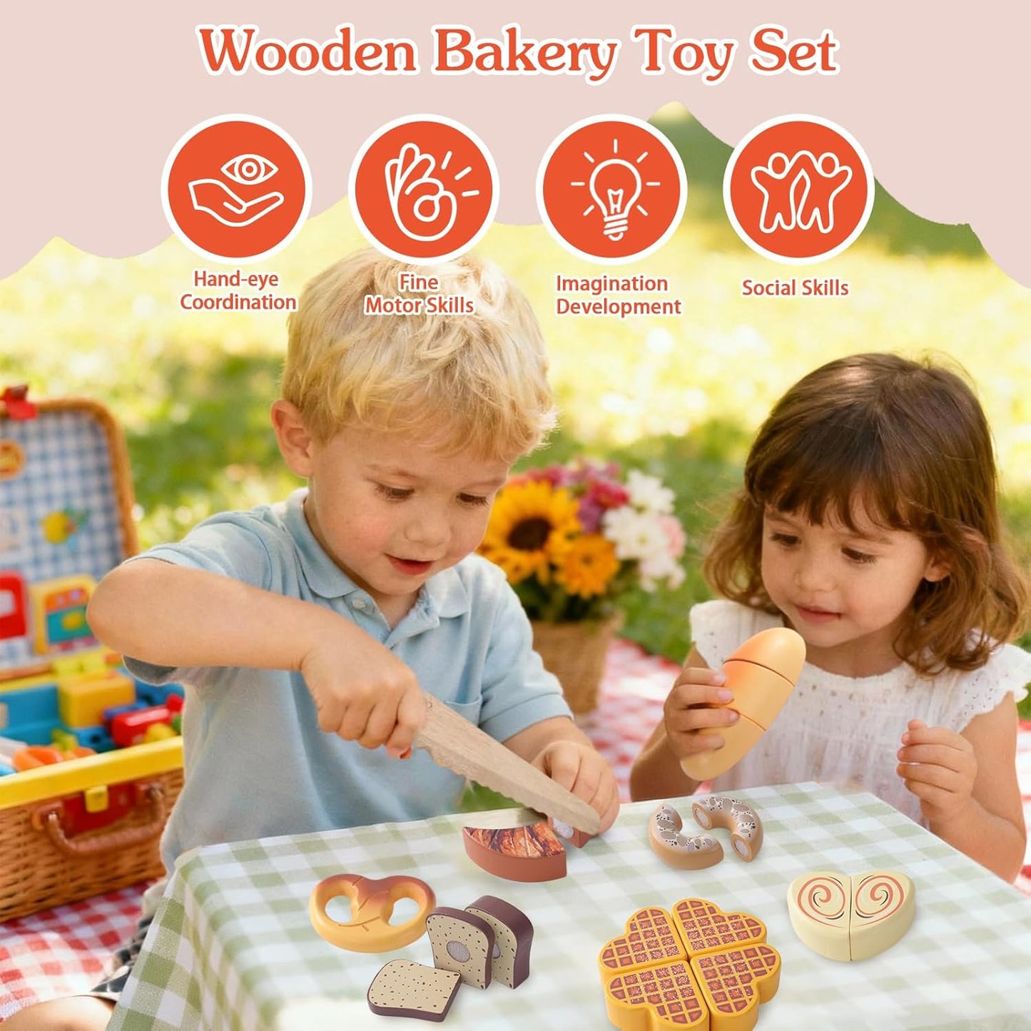 Wooden Play Food Toys for Toddler,Kids Baking Cutting Game Set,Children Kitchen Bakery Pretend Play,Early Educational Toy Gift for Boys Girls