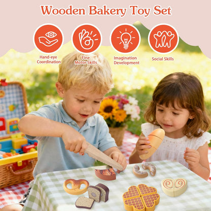 Wooden Play Food Toys for Toddler,Kids Baking Cutting Game Set,Children Kitchen Bakery Pretend Play,Early Educational Toy Gift for Boys Girls